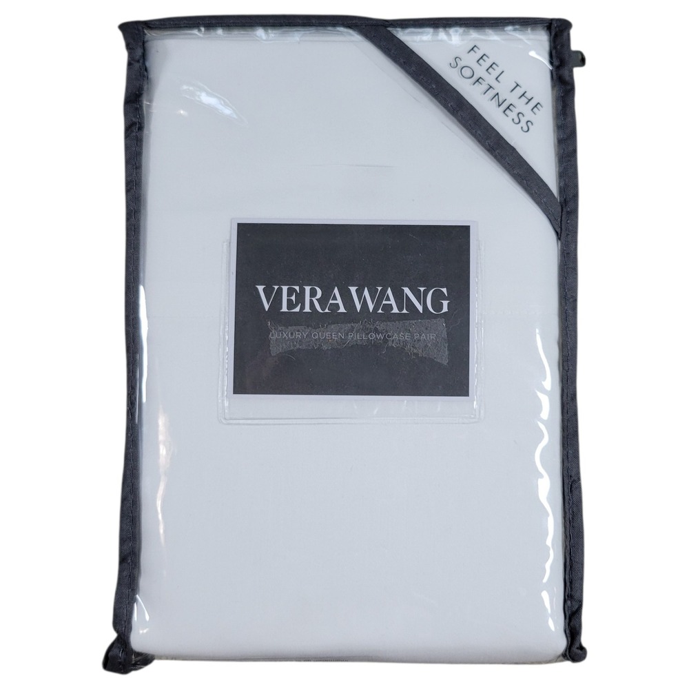 Vera‎ Wang Pillowcase Pair Queen White Luxury Sateen Cotton Minimalist Bedding